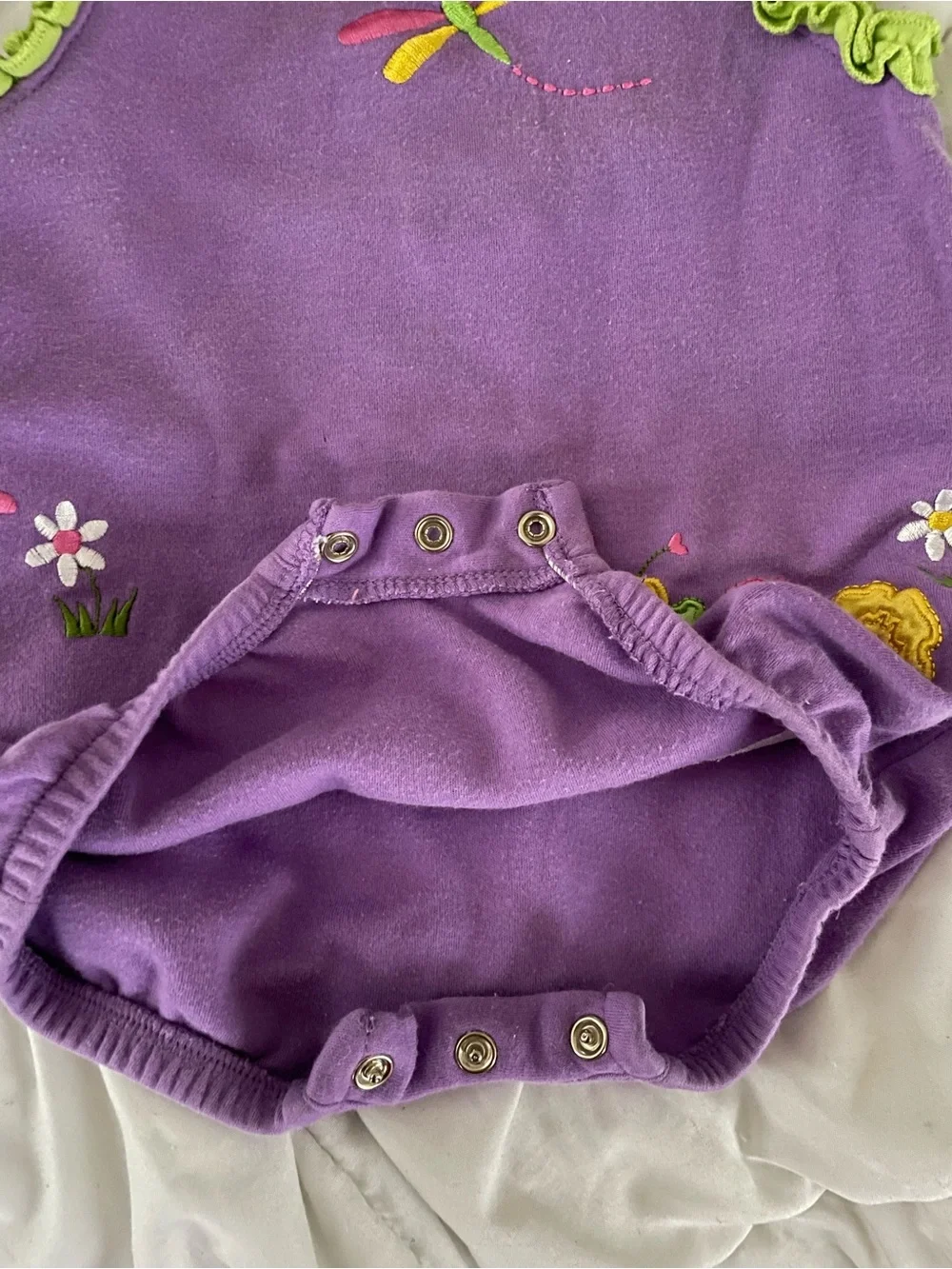 Vintage Y2K Okie Dokie Baby Girl Ruffle Romper Purple Dragonfly Embroidered 3-6m